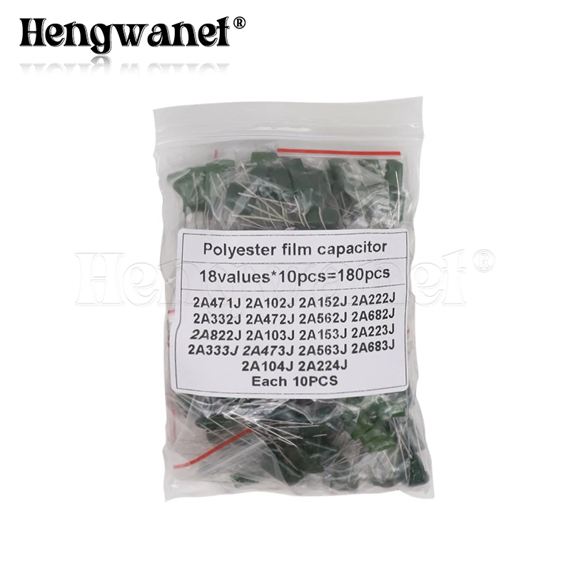 

180PCS=18value*10PCS Polyester film capacitor Assorted Kit contains 2A104J 2A332J 2A472J 2A103J 2A333J 2A473J 2A563J 2A223J