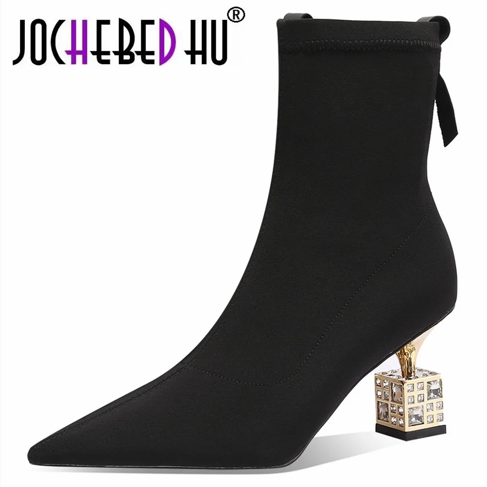 

【JOCHEBED HU】High Heeled Ankle Boots Luxury Brand Designer Pointed Letter Tube Boot Side Zipper Sexy Black Fashion Women Short