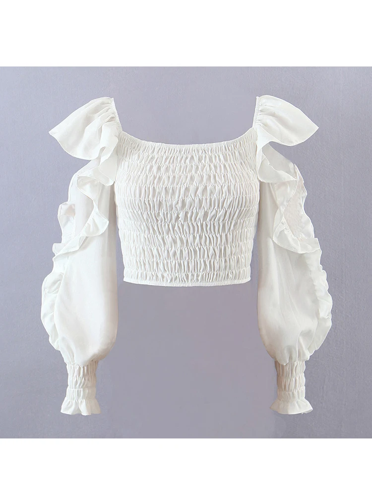 

Women Sexy Hollow Out Puff Sleeve White Tops 2022 Ruffles Square Collar Cropped Shirts Elastic Slim Blouses
