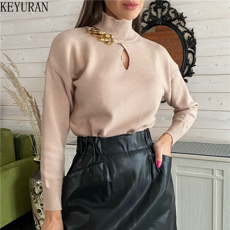 

Knitted Hollow Out Women's Sweater Chains Long Sleeve Turtleneck Female Pullover Sweates 2022 New Sexy Fashion Lady Jumper