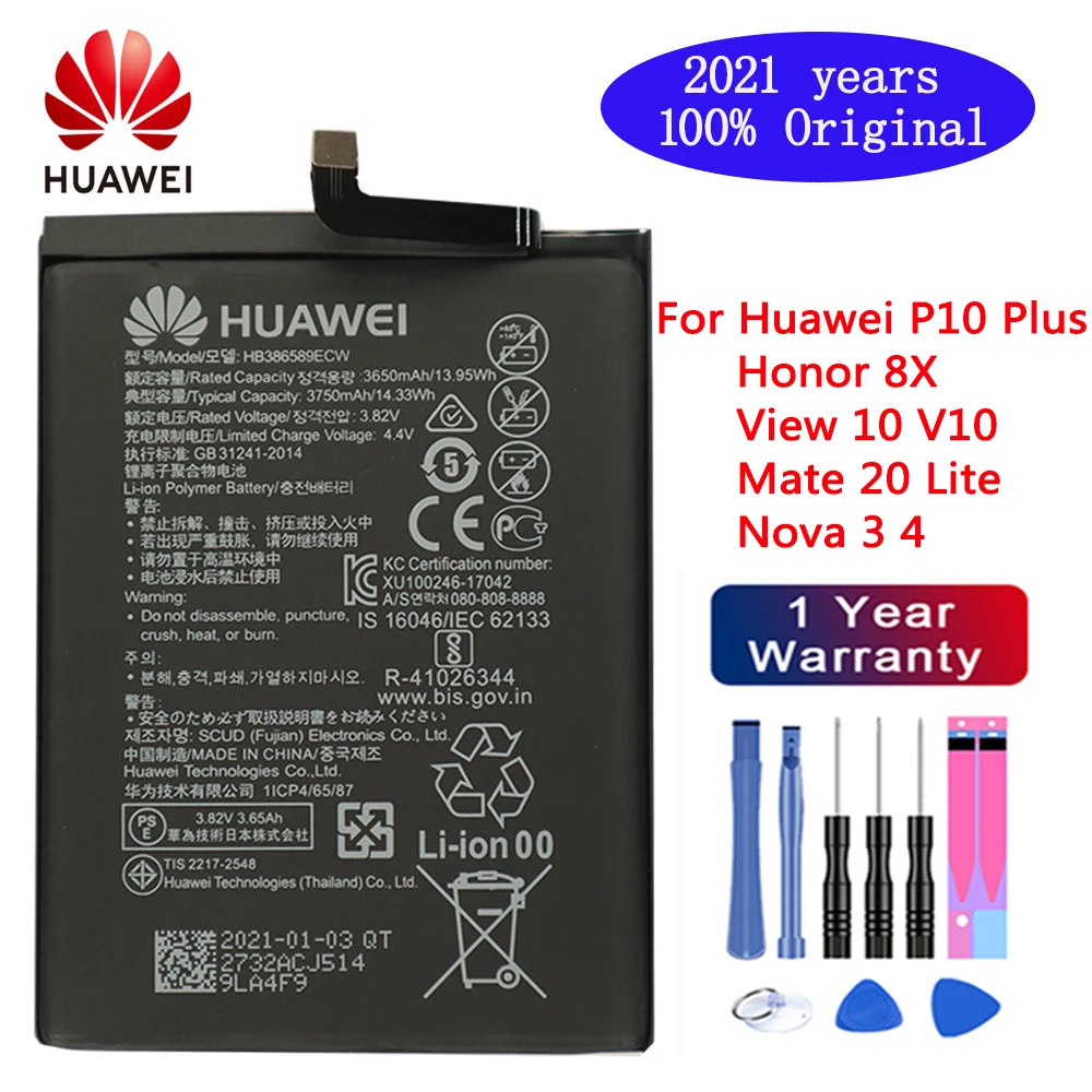 

Hua Wei Original Phone Battery HB386589ECW 3650mAh For Huawei P10 Plus Honor 8X View 10 V10 Mate 20 Lite Nova 3 4 Batteries Tool