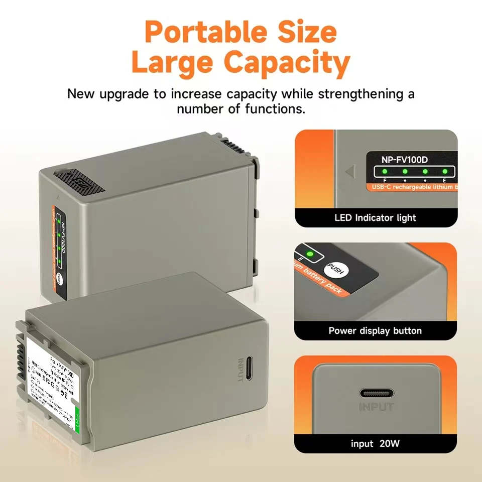 Аккумулятор NP-FV70 NP-FV100 емкостью 3280 мАч с входом типа C 5 В/2 А для камеры Sony NP-FV90 FV100 FV30