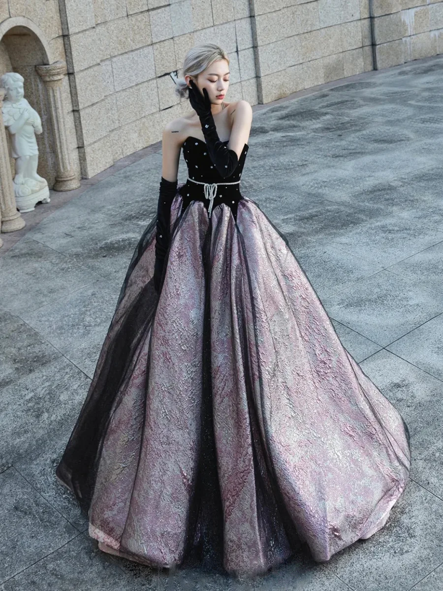 Luxury Black Celebrity Dresses Pearl Chain Gloves Women Sexy Princess A-line Strapless Prom Evening Party Gowns Vestido De Festa