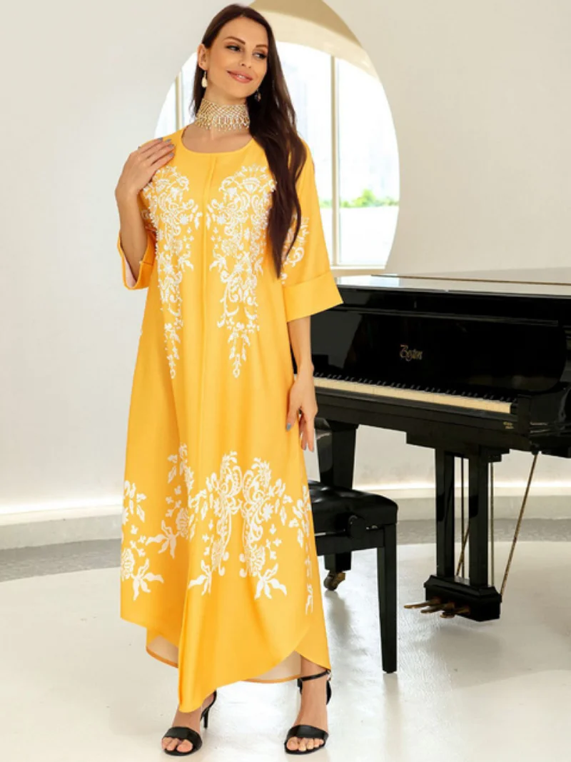 Arab Long Dress for Women Elegant Ethnic Print Beaded Muslim Moroccan Jalabiya Corban Eid Al Adha Party Evening Dresses