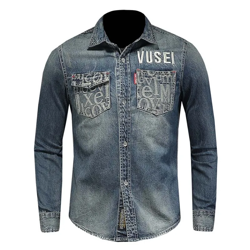 Men Vintage Casual Denim Shirt Long Sleeves Front Pockets Jeans Shirts For Male Cotton