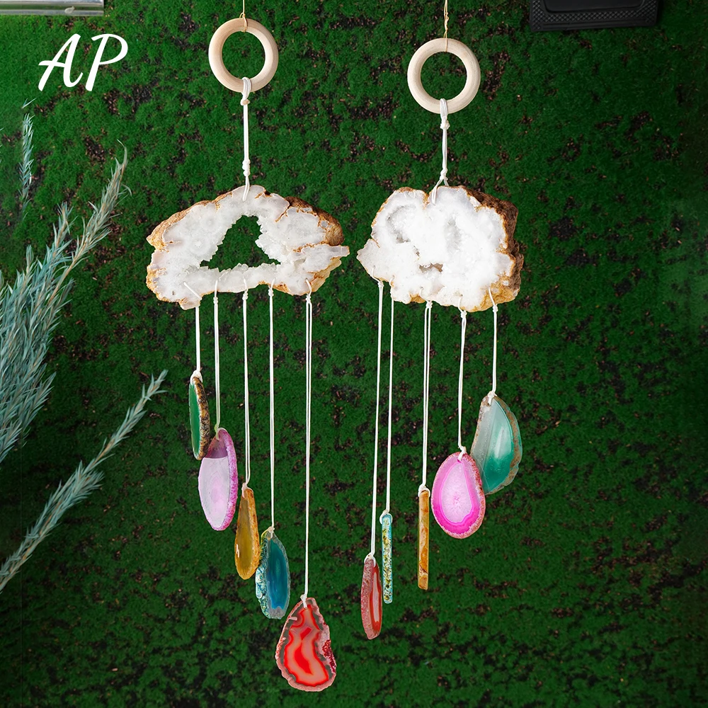 

1PC Natural Crystal Agate Cluster Cloud Shape Wind Chimes Healing Stone Colorful Agate Slice DIY Wind Chime Pendant Wall Decor