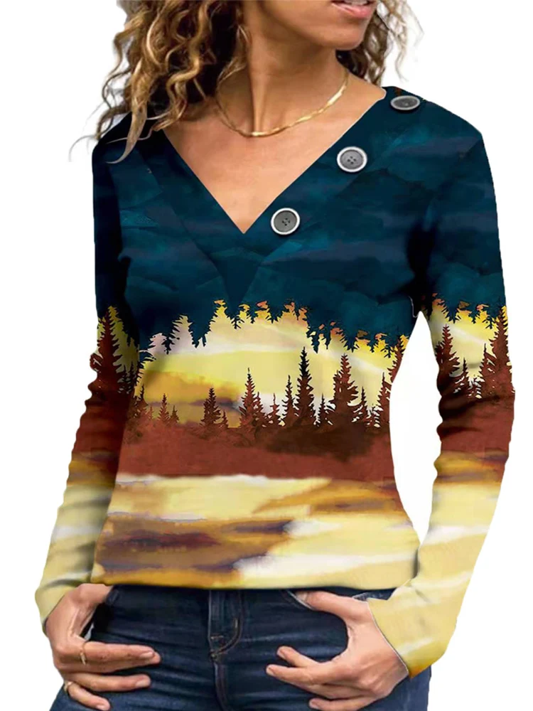 

Casual Long Sleeve Spring Elegant Lady Pullover Tops Women Loose Print V-Neck Top Shirts Female New Office Fashion Street Tee