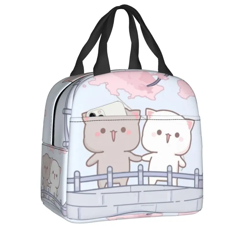 

Romantic Peach And Goma Mochi Cat Insulated Lunch Tote Bag for Women Resuable Cooler Thermal Food Lunch Box School