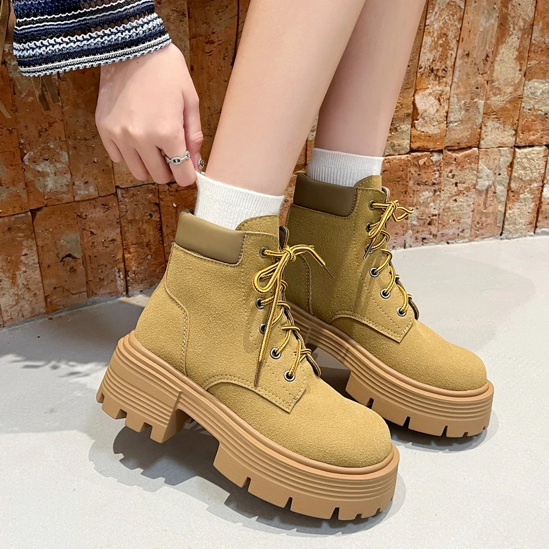 

Boots Women New 2022 Flat Heel Shoes Lace Up Round Toe Ankle Med Autumn Lolita Rubber Rock Ladies Lace-Up Solid Basic Cross-tied