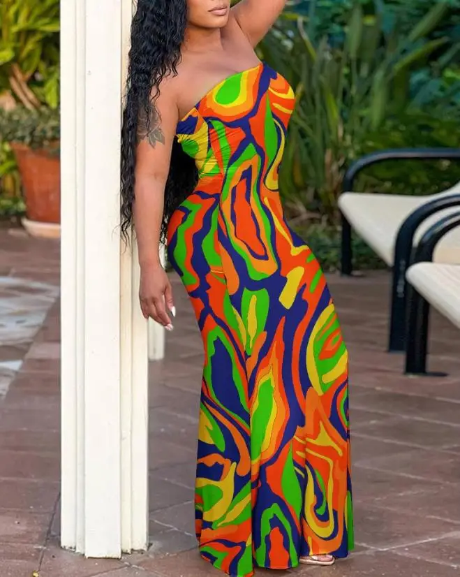 

Female Bandeau Mermaid Dress 2023 Summer Fashion Multi-Color Abstract Print Design Sexy Babes Skinny Vacation Party Maxi Dresses