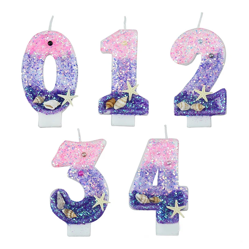 

Girl Birthday Number Candle Cake Topper Purple Starfish Children Baby Party One Year Old Dessert Decor Mermaid Baking Supplie