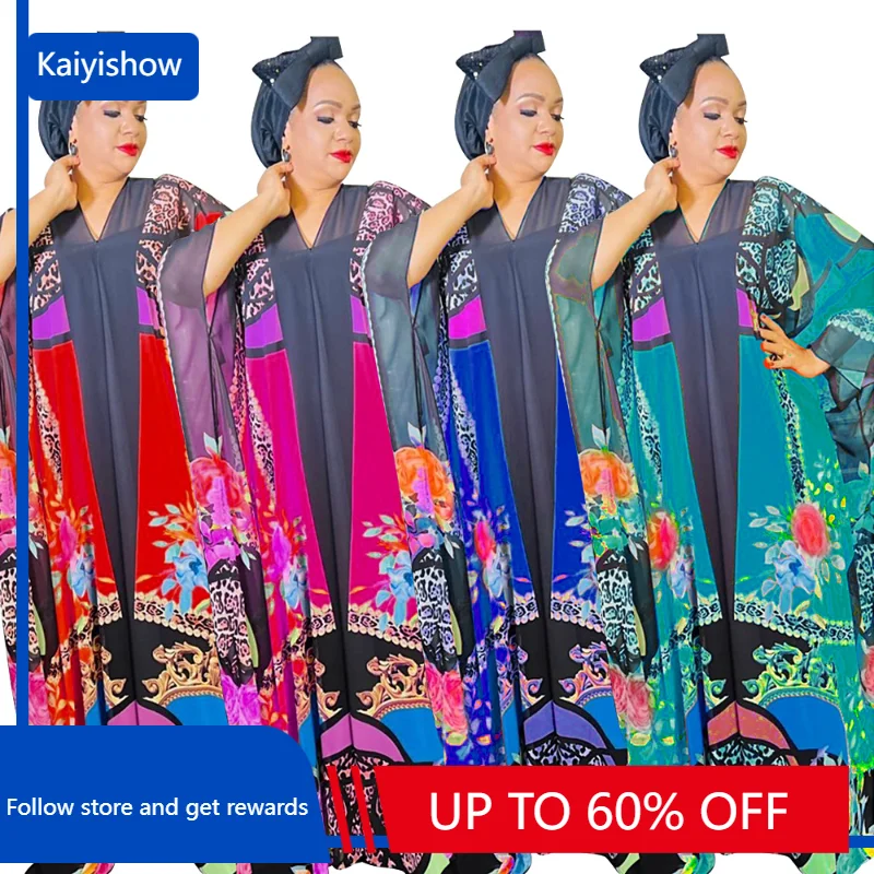

Платье женское летнее длинное с длинным рукавом, V-образным вырезом и африканским принтом