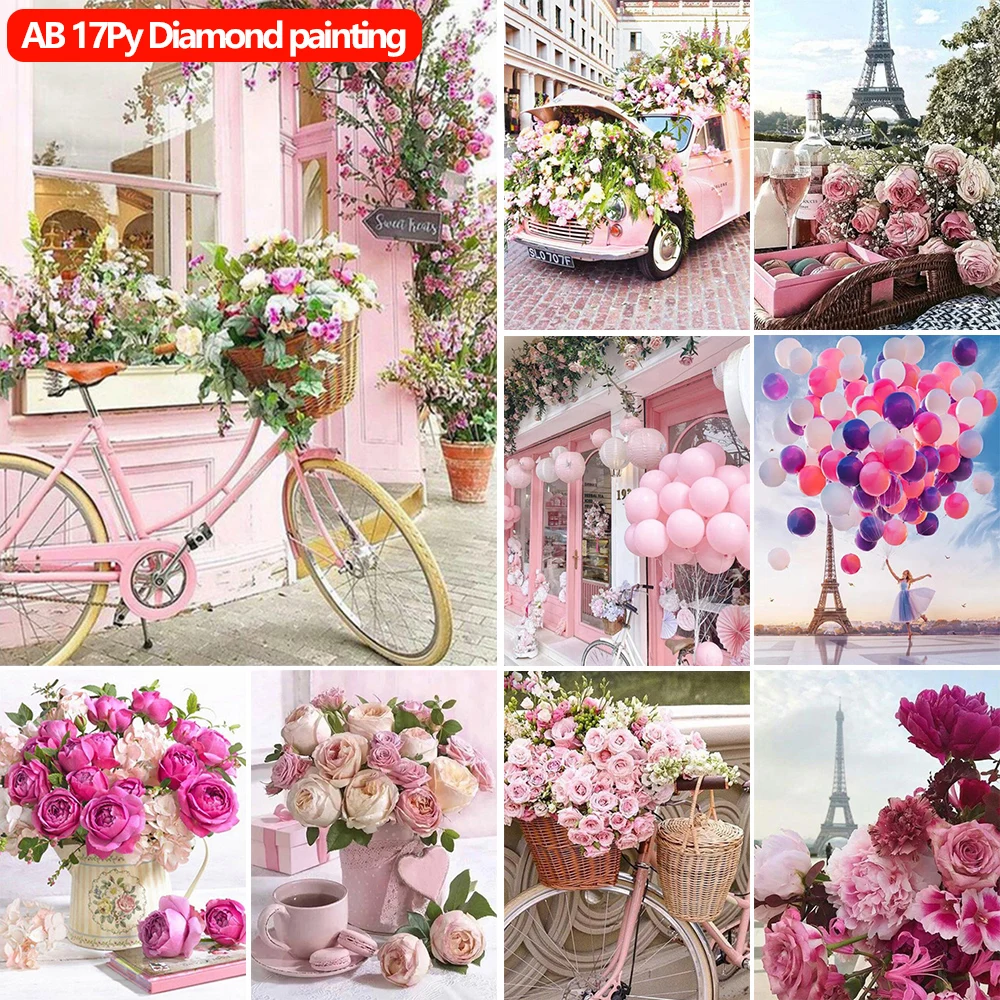 

AB Diamond Painting Kits Pink Flower Bike Scenic Pintura Diamante Embroidery Mosaic Cross Stitch Home Room Decoration Maison