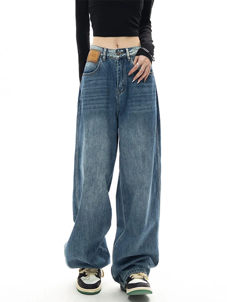 

Женские мешковатые джинсы с широкими штанинами и высокой талией, в стиле ретро, однотонные винтажные универсальные модные брюки для студентов в стиле Харадзюку, 2022