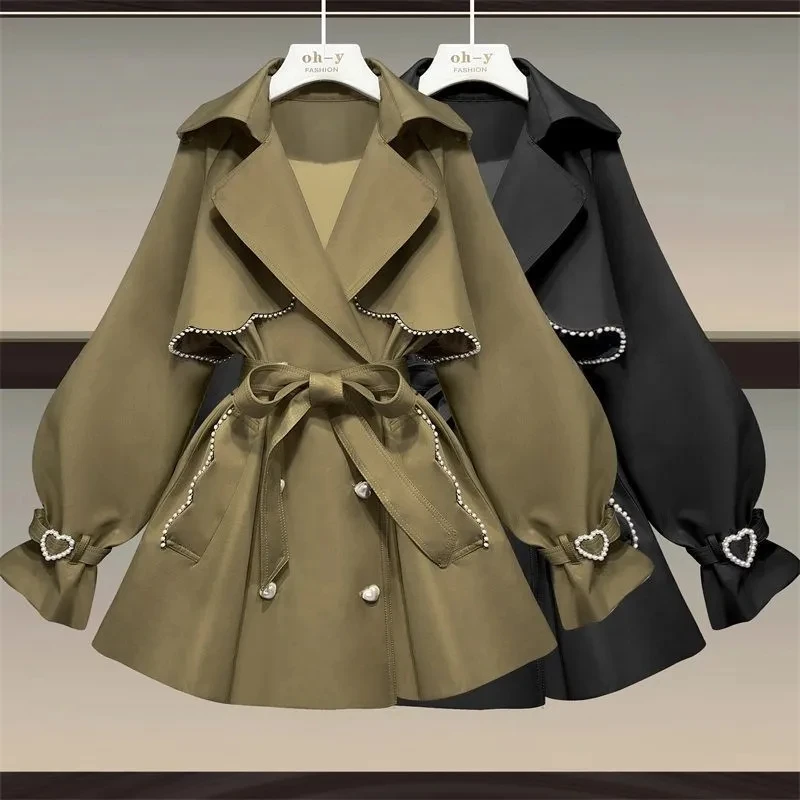 

Heavy Industry Beaded Trench Coat Women's Spring Autumn 2023 New Korean Waistcoat Long-Sleeve Tops Suit Windbreaker Outerwear