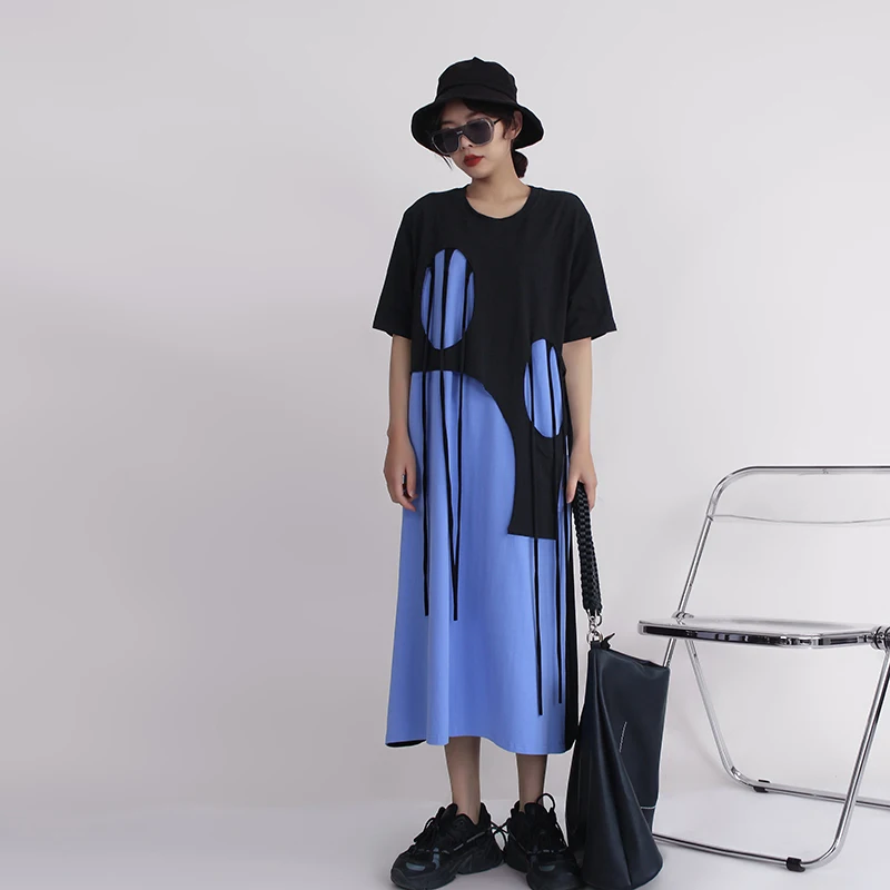 

SuperAen Sweet Dress A-line Skirt Loose Oversize Contrast Korean Fashion Short Sleeve Long Dress for Women