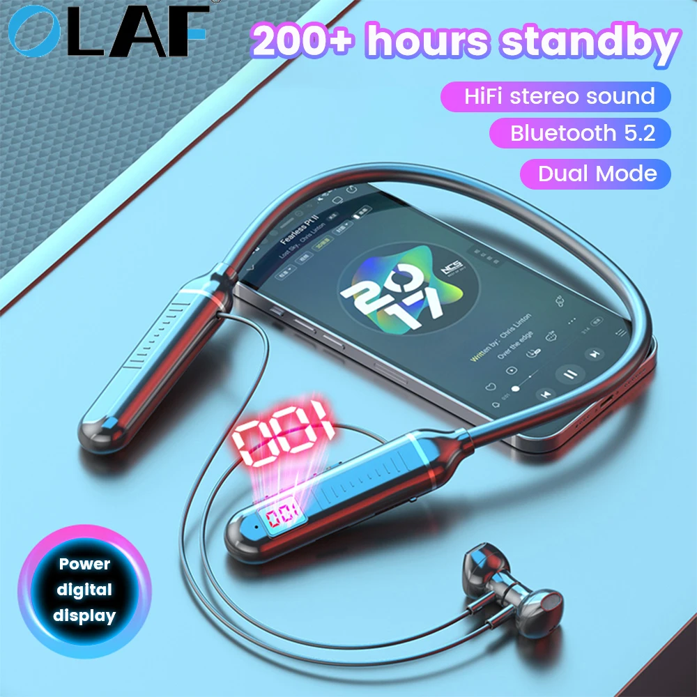 

Olaf Wireless 5.2 Bluetooth Earphone Headphone Magnetic LED Display Neckband Earphones Waterproof Sport Headset with Micphone