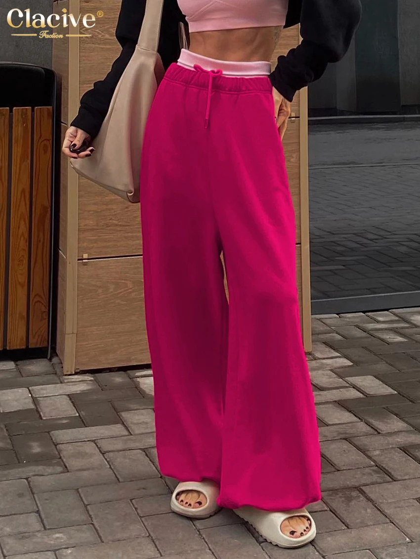 

Clacive Casual Loose Pink Pants Women Fashion Elastic Waist Straight Pants Female Streetwear Sproty Simple Full Length Trousers
