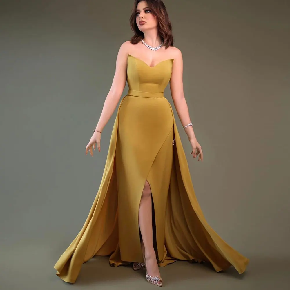 

Mermaid Sexy Prom Gown Strapless High Split Backless Back Lace-up Saudi Arabia Formal Occasion Sweep Train Evening Party Dress