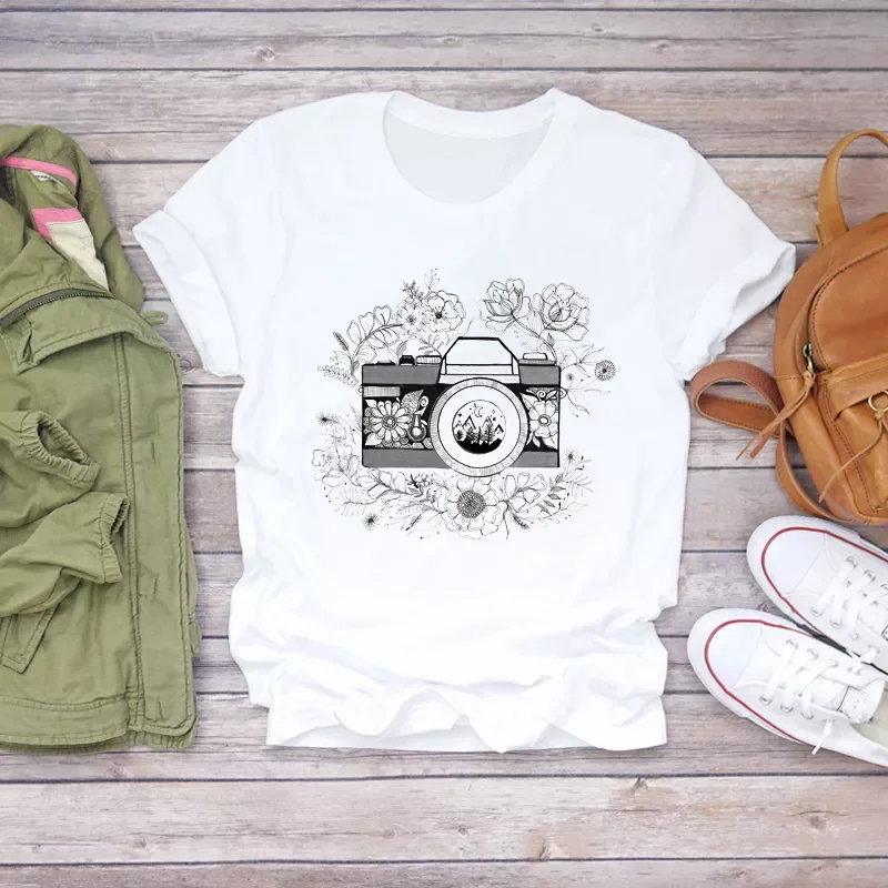 

Women Camera Mountain Cute Vintage Printing Print Summer Shirt T-shirts Top T Graphic Female Ladies Womens Tee T-Shirt