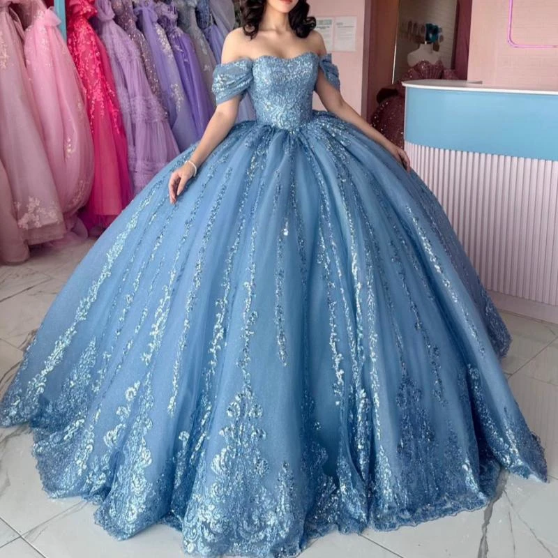Синие блестящие платья Quinceanera Милая аппликация с блестками Кружевные бусины
