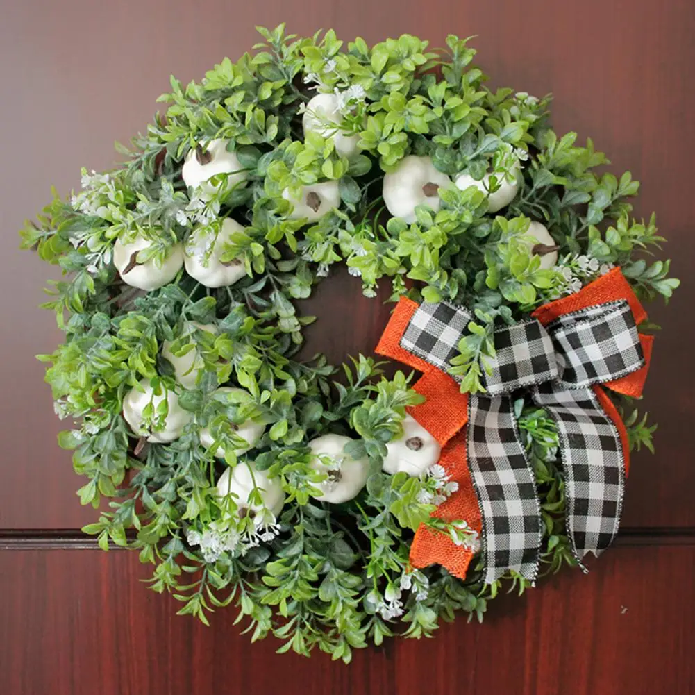 

Plaid Bowknot Decor Wreath Harvest Festival Plaid Bowknot White Pumpkin Wreath Artificial Thanksgiving Vine Door for Fall