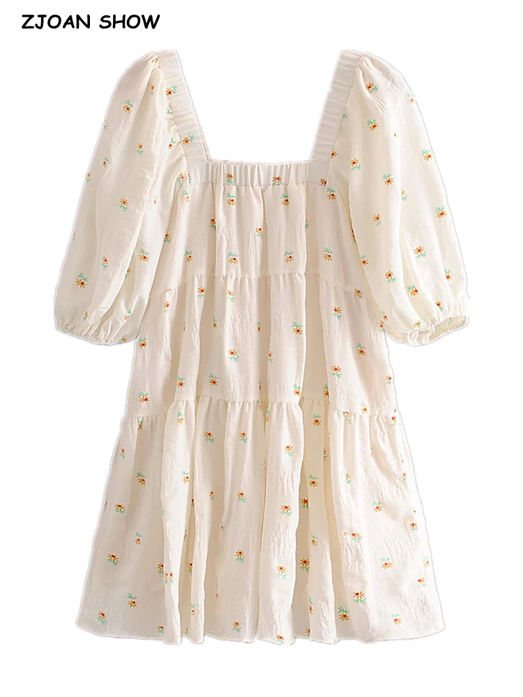 

2022 Retro Women Flower Print Elastic Square Collar Mini Dress Half Lantern sleeve Loose Dresses Holiday Robe Swing Vestidos