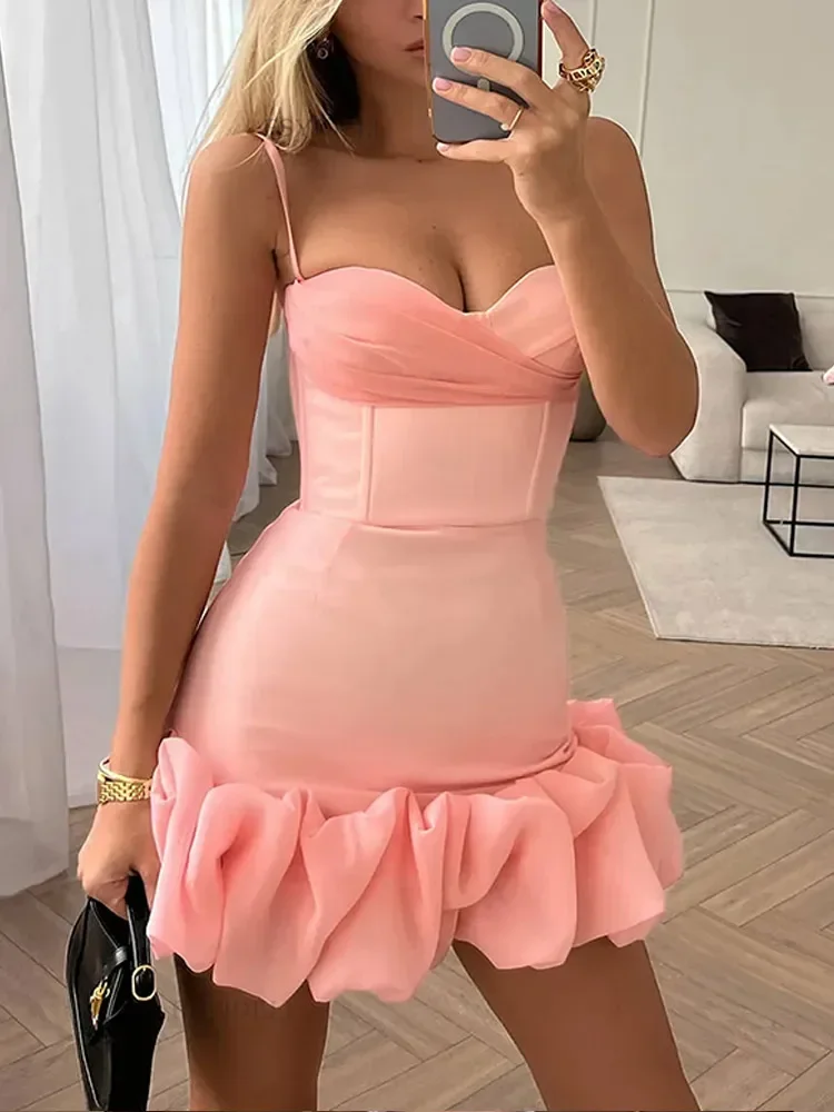 

Rose Pleated Slim Mini Spaghetti Strap Dress Sexy Women Sleeveless Backless Bodycon Dess Lady Fashion Party Banquet Vestidos