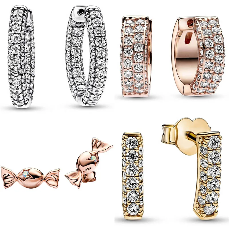 

Authentic 925 Sterling Silver Rose Gold Wrapped candy Timeless Pave Double-row Earring For Women Birthday Gift Fashion Jewelry