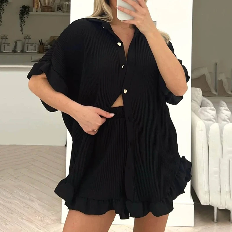 

Casual Pleat Solid Color Ruffles Two Piece Sets 2023 Short Sleeve Blouse Tops Women Shorts Suits Female Single Breasted Outfit