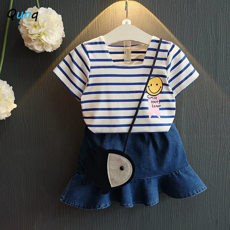 

Qunq Girls Korean Version Summer Stripe Smiley Print Square Collar Top+Elastic Skirt 2 pieces Set Casual Kids Clothes Age 3T-8T