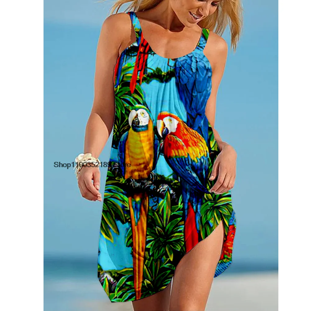 

Women Fashion Summer Strap Bohemian Sleeveles Dresses Elegant Party Sundress Parrot Print Sexy Loose Beach Camisole Mini Dress