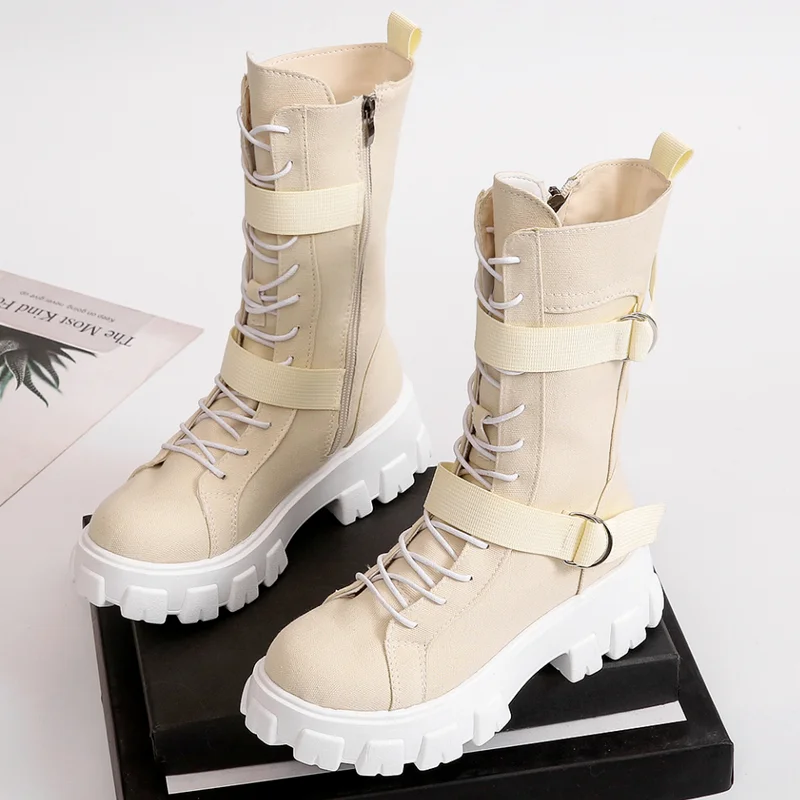 

2022 Autumn Winter Women Mid-Calf Boots Punk PU Leather Boots Women Zipper Cross-tied Riding Boots High Heels Stretch Boots