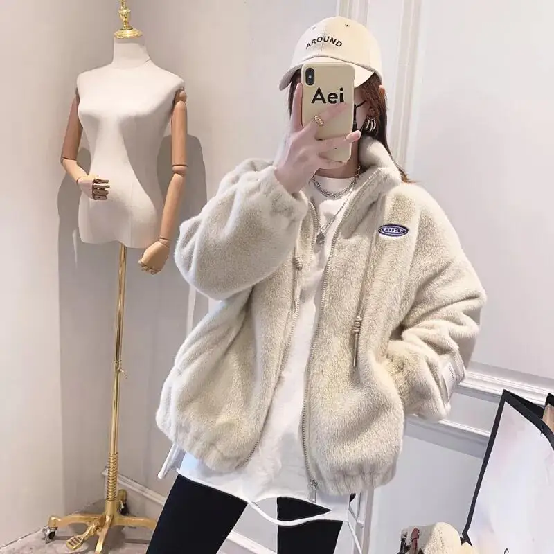 

COZOK2022 New Korean Style Ladies Casual Fleece Warm Coat Hip Hop Puffy Jacket Zip Top Winter Fashion Versatile