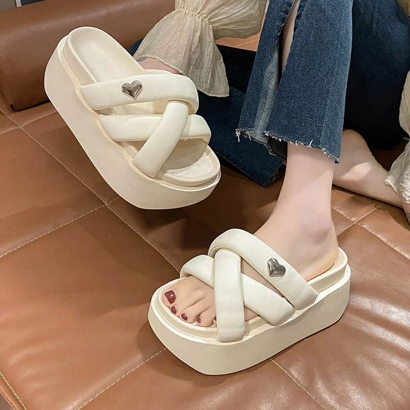 

Slippers Casual Beach Shoes Slides Women Heels Platform Luxury Sabot High Flat Rome PU Fabric Rubber Slippers Casual Shoes Summe