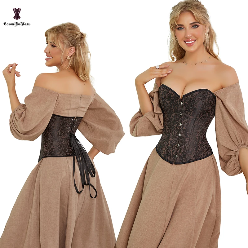Front 36CM Back 22CM Womens Halloween Costume Steampunk Clothing Dark Brown Jacquard Brocade Bustier Corset Plus Size