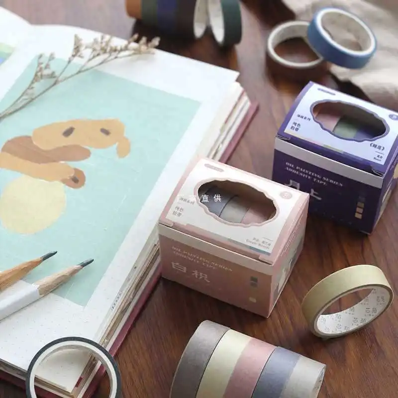 

Wholesale 5 Rolls 1Cm Wide Retro Solid Color And Paper Tape Basic Geometry Joker Hand-Held Collage Hand-Torn Paper.
