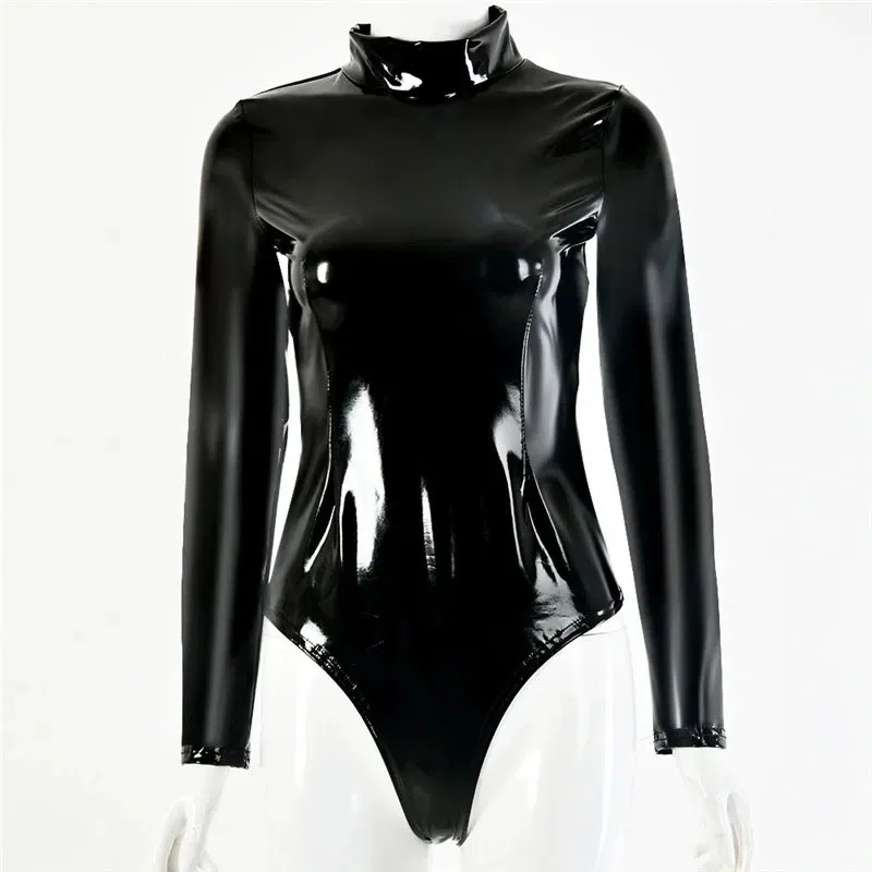 

Sexy Specular luster Imitation Latex Long Sleeve Tight Stretch Bodysuit Mirror Patent Leather Bodysuit Erotic Corset Gay cosplay