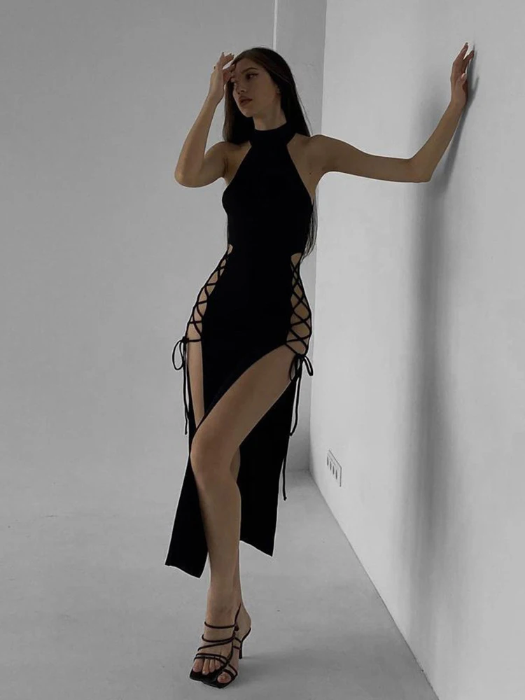 Hohe Split Sexy Verband Frauen Kleider Y2K Mall Gothic Холтер Schlank Midi Kleid Schwarz Grunge Stil Alt party (art.: 3920cc3ded299) - 3920cc3ded299