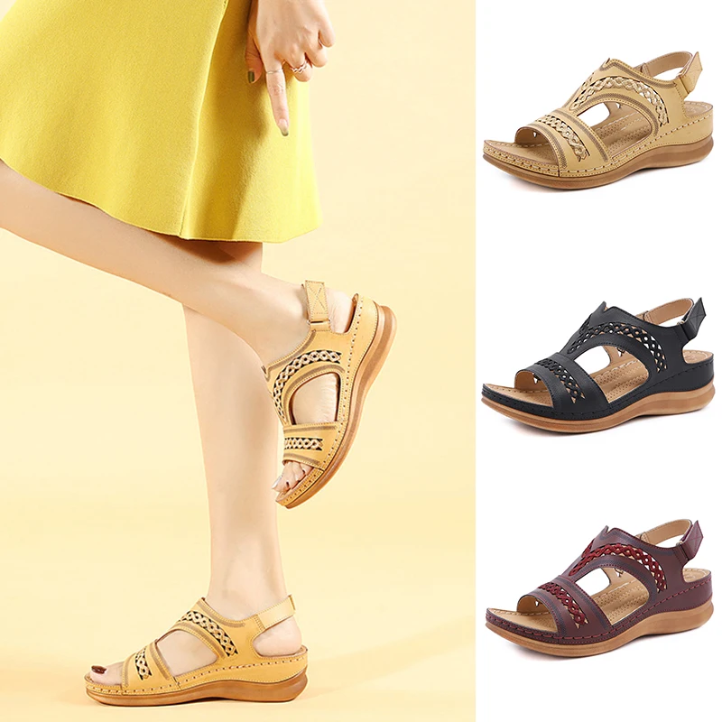 Plus Size Women Retro Stitching Hollow Out Hook Loop Hand Made Wedges Sandals Vintage Style Summer Shoes