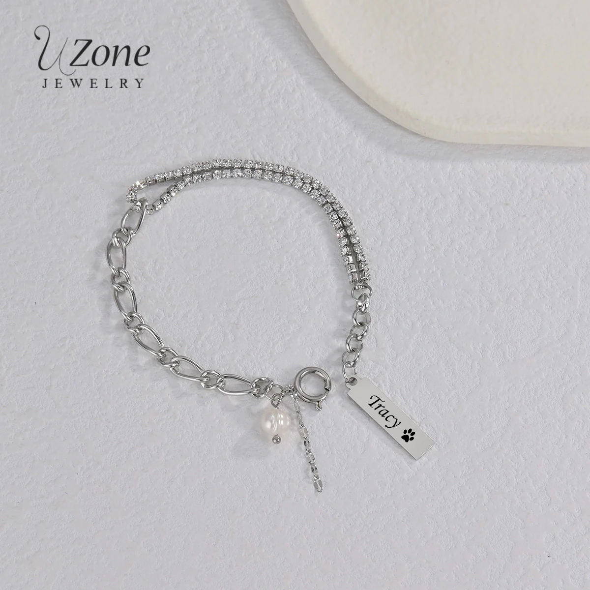 

Браслет UZone с гравировкой имени для женщин, браслет на цепочке из нержавеющей стали с подвеской из циркония, индивидуальный подарок на день рождения