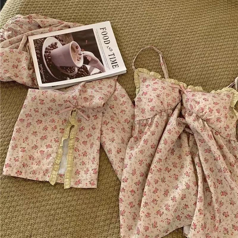 CAIYIER New Flower Summer Pajamas Set V Neck Sling Top + Long Pants Sleepwear Suit Sweet Girls Sexy Lace Nightwear Outer Wear