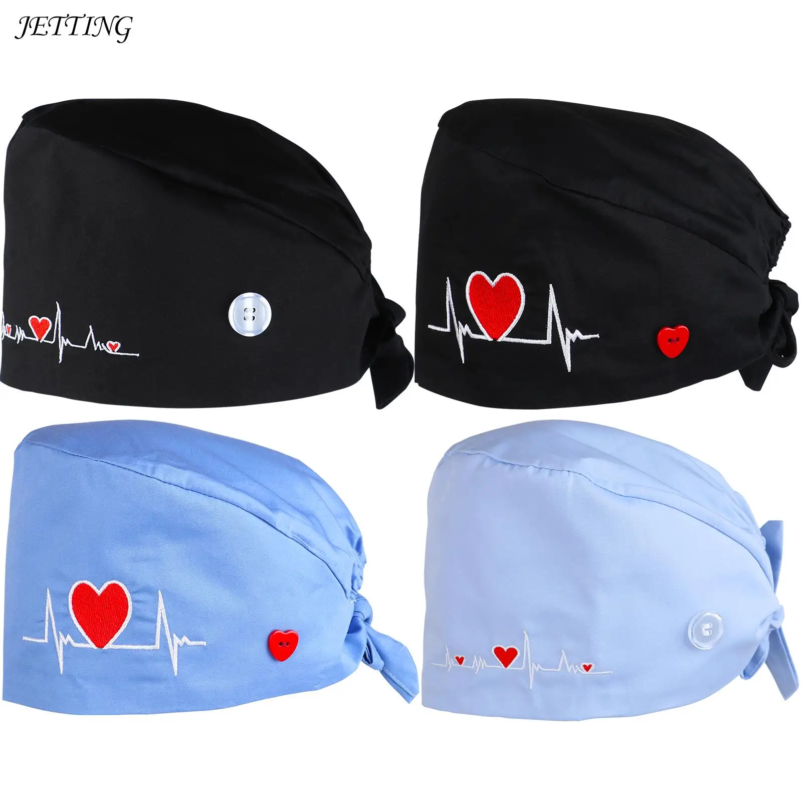 

4pcs Unisex Scrubs Caps Adjustable Cotton Tooth Heart Printing Hats Adjustable Sweat-absorbent Elastic Multicolor