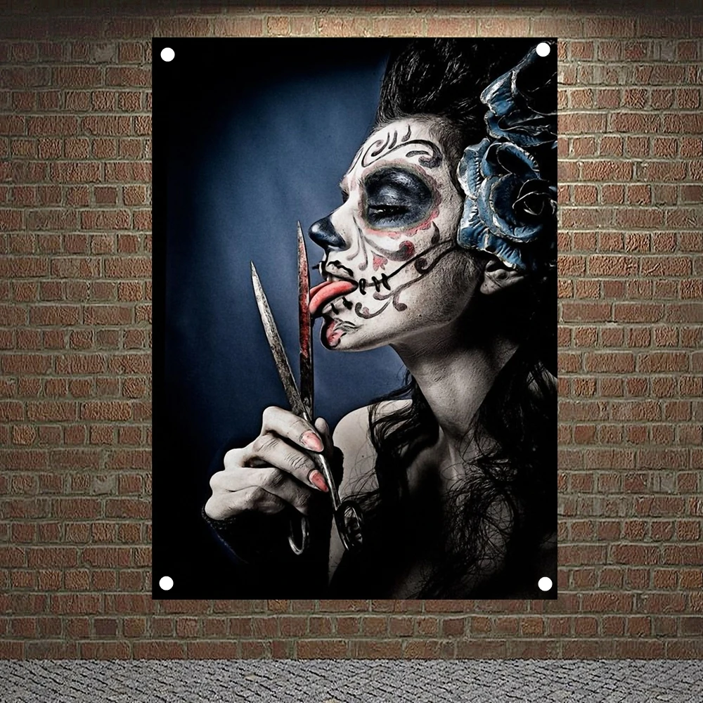 

Scary Woman Day of the Dead Paintings Posters Banners Wall Hanging Ornaments Skull Tattoo Art Flags Wall Decoration Wall Sticker
