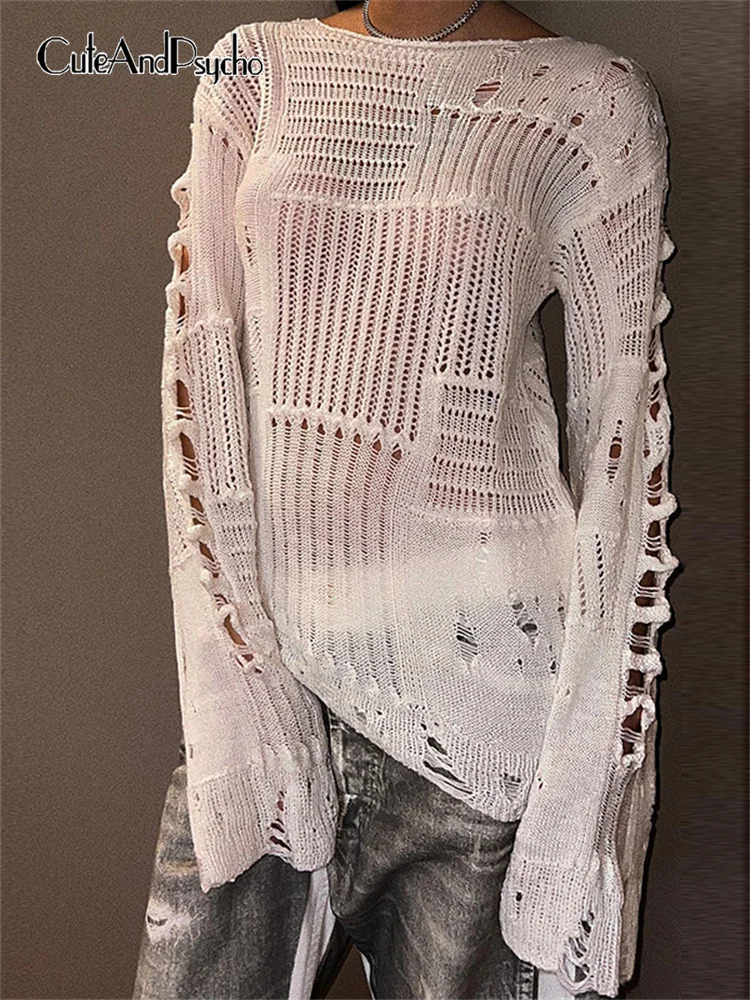 

Loose Fashion Holes Knit Pullovers Casual Vintage Solid Crochet Smock Clothing Aesthetic Y2K 90s Crewneck Outfits