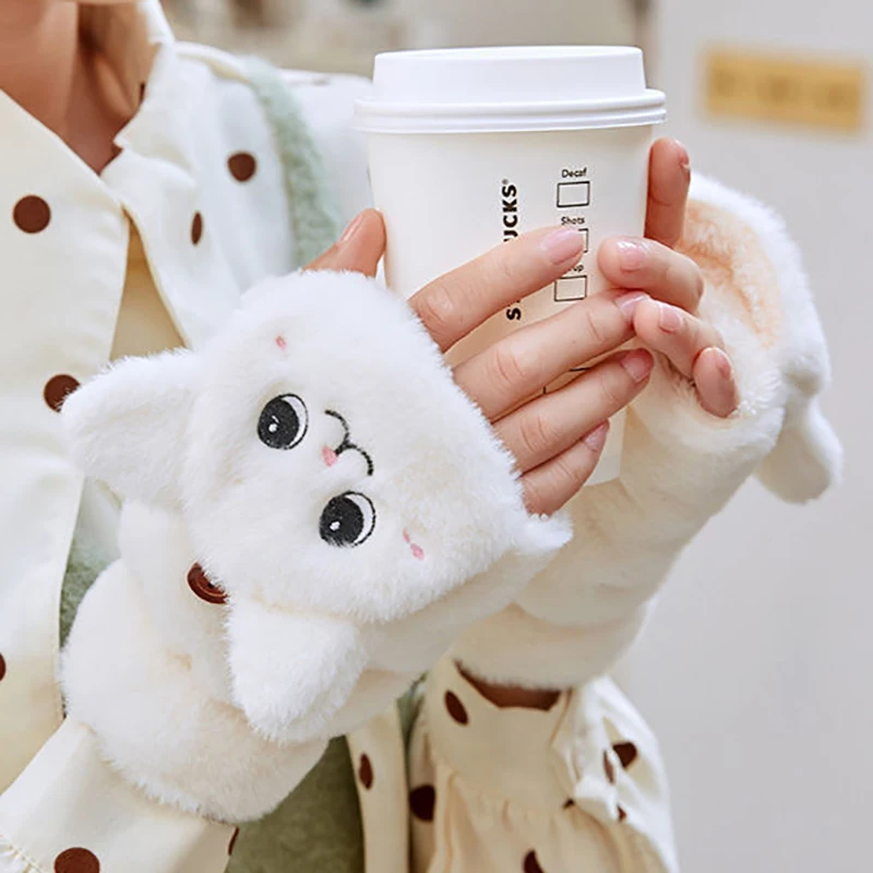 

Модные женские плюшевые теплые перчатки варежки с мехом кролика кошки откидные перчатки без пальцев Мягкие плотные перчатки для девочек гибкие зимние полупальцы