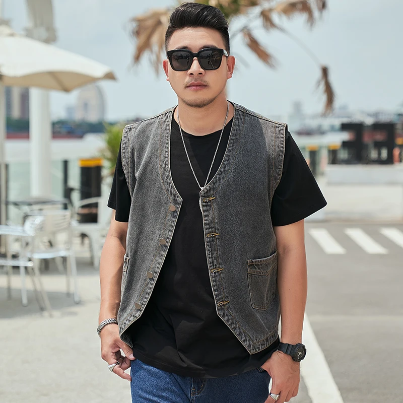 

Plus Size 6XL 7XL 8XL Summer New Single-breasted Men's Washed gray Denim Vest Coat Fashion Loose Male Sleeveless jeans Jacket