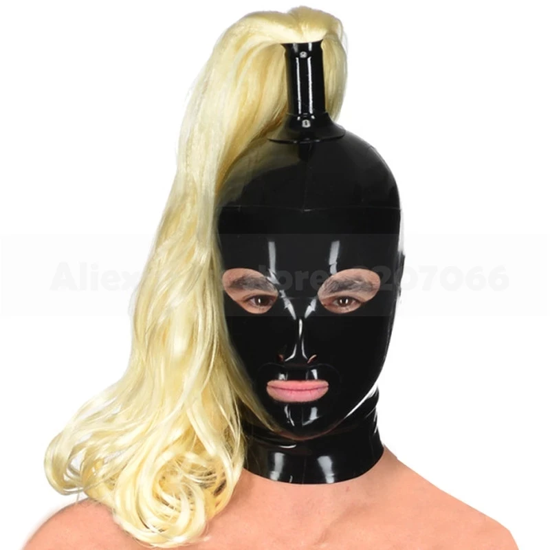 

Men Sexy Latex Mask Rubber Hood with Top Wig Braid Unisex Headwear Handmade Halloween Women Cosplay Custumes