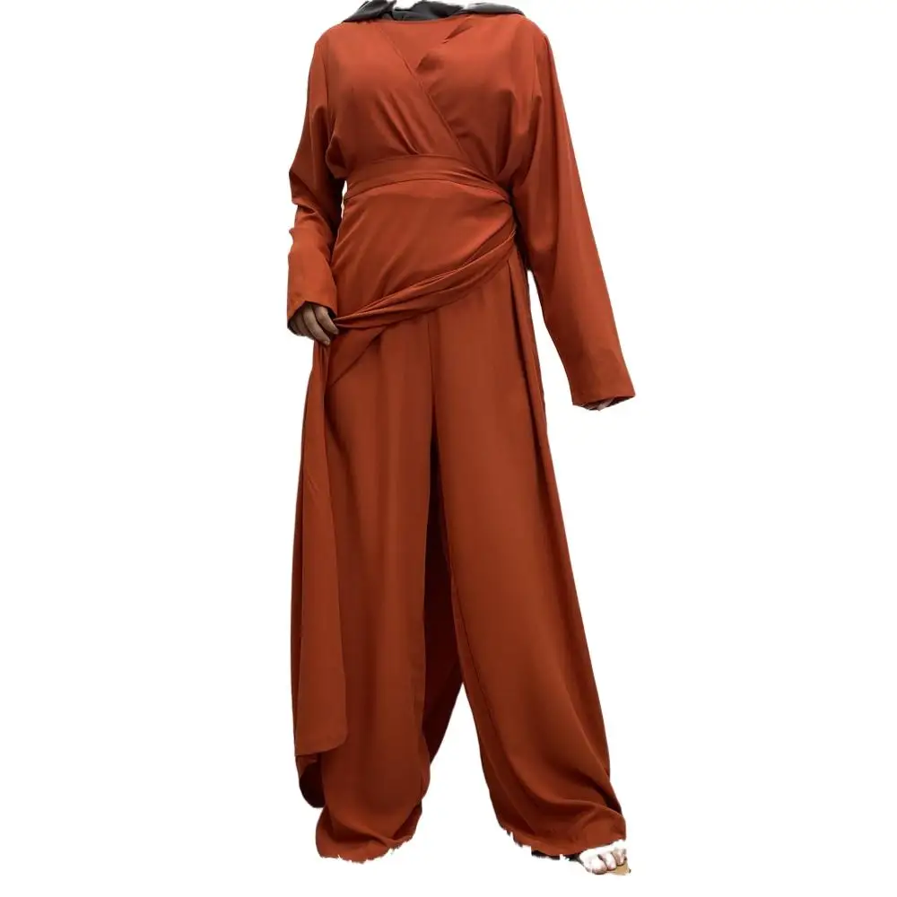

Muslim Set Women New Fashion Casual Solid Color V-neck Patchwork Wide-leg Pants Muslim Suit Middle East Simple Temperament Abaya