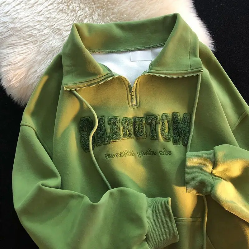 

American vintage green polo T-shirt female 2022SS loose grunge bf thin section long-sleeve shirts Hong Kong chic zipper jacket